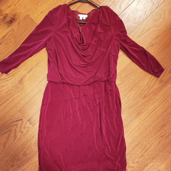 Dressy Dress 3/4 sleeved Cowl Neck Layered Burgundy Stretch Comfortable - Picture 3 of 8